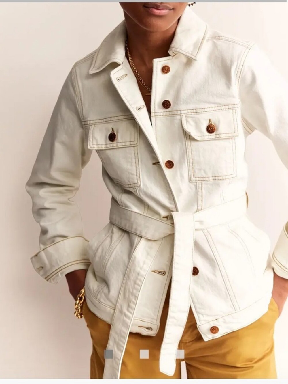 Boden Cream Belted Denim Jacket with Button Details